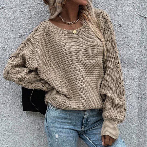 BOHO CASUAL Lace up Sleeve Oversized Sweater Top K - Picture 2 of 6